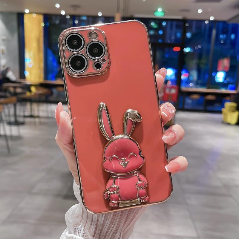 Voor iPhone 14 Pro Plating Rabbit Holder Phone Case(Rood)