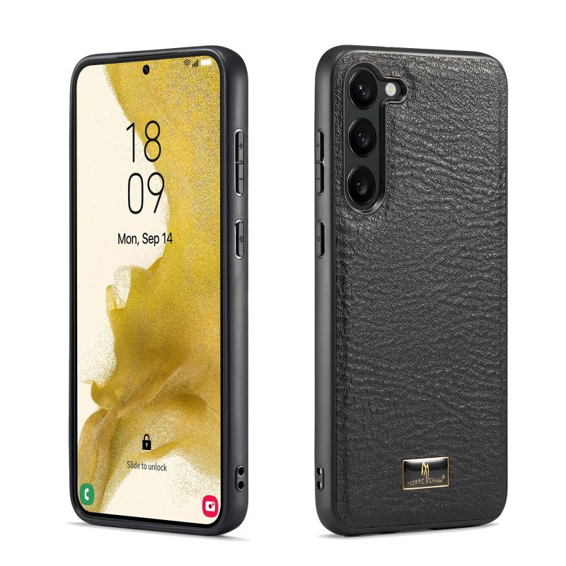 Voor Samsung Galaxy S23 5G Fierre Shann lederen textuur telefoon back cover case (koeienhuid zwart)