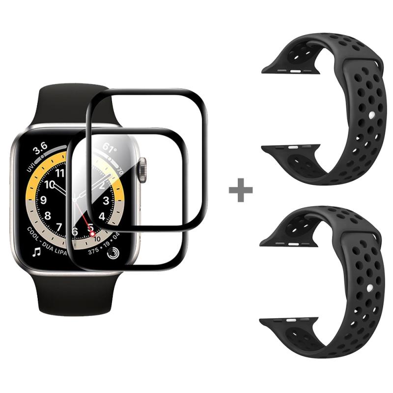 Voor Apple Watch Series 3 & 2 & 1 38 mm 2 stks siliconen horlogeband met 2 stks zachte film