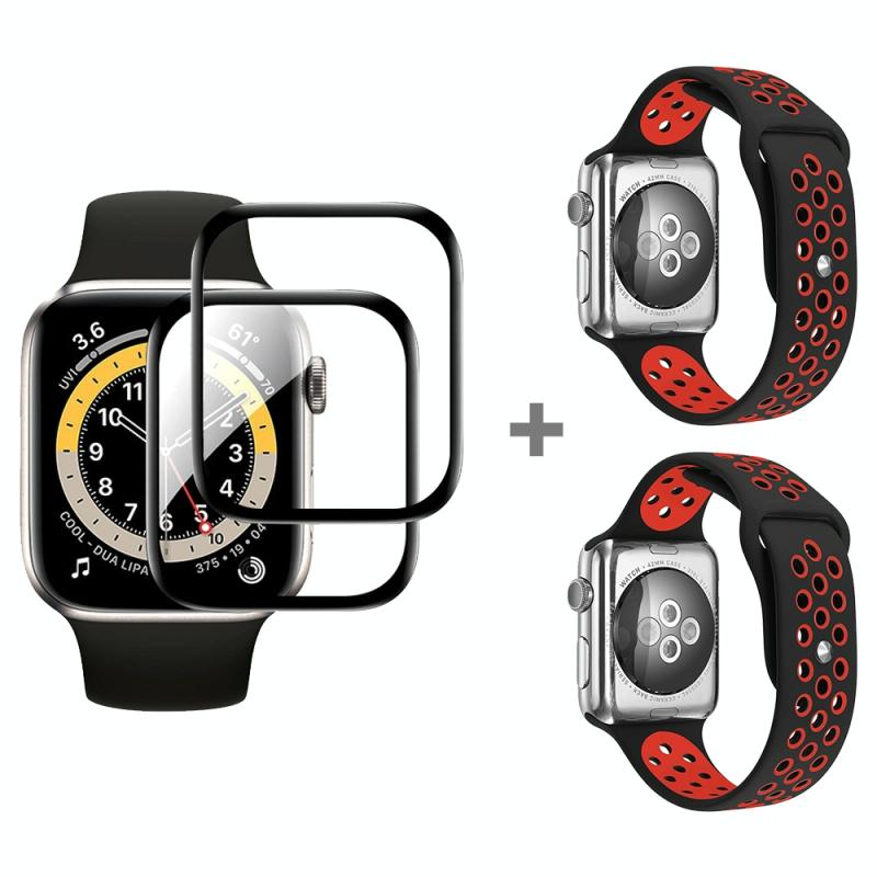 Voor Apple Watch Series 3 & 2 & 1 38 mm 2 stks siliconen horlogeband met 2 stks zachte film (zwart rood)