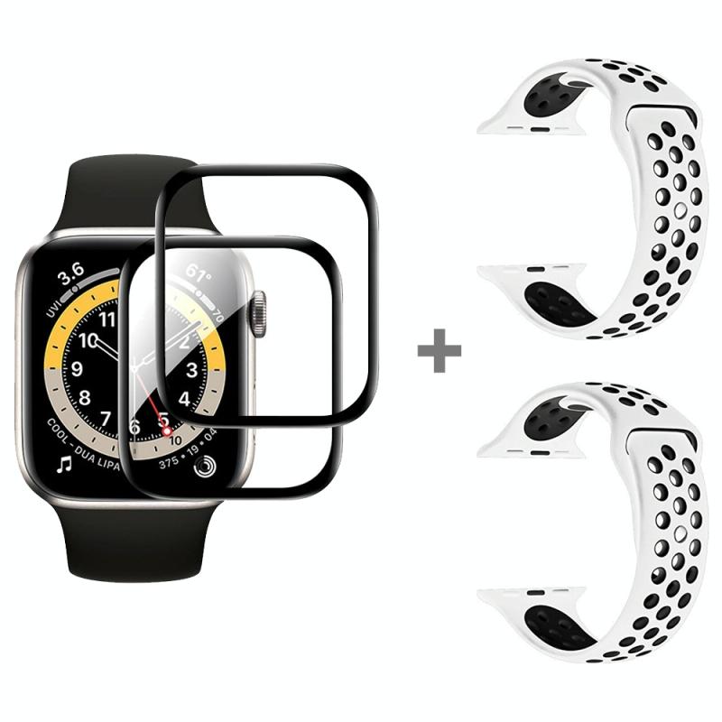 Voor Apple Watch Series SE 2 & 6 & SE & 5 & 4 40 mm 2 stks siliconen horlogeband met 2 stks zachte film (wit zwart)