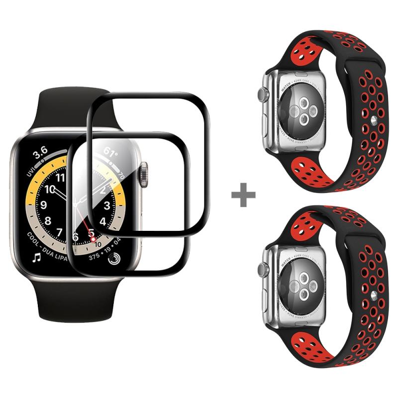 Voor Apple Watch Series SE 2 & 6 & SE & 5 & 4 40 mm 2 stks siliconen horlogeband met 2 stks zachte film (zwart rood)