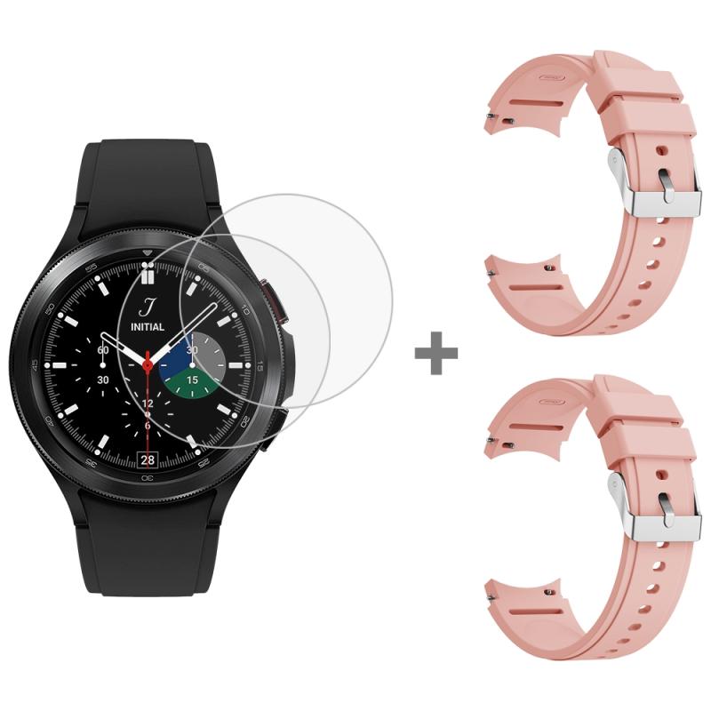 Voor Samsung Galaxy Watch4 Classic 46 mm 2 stks siliconen horlogeband met 2 stks gehard glasfilm