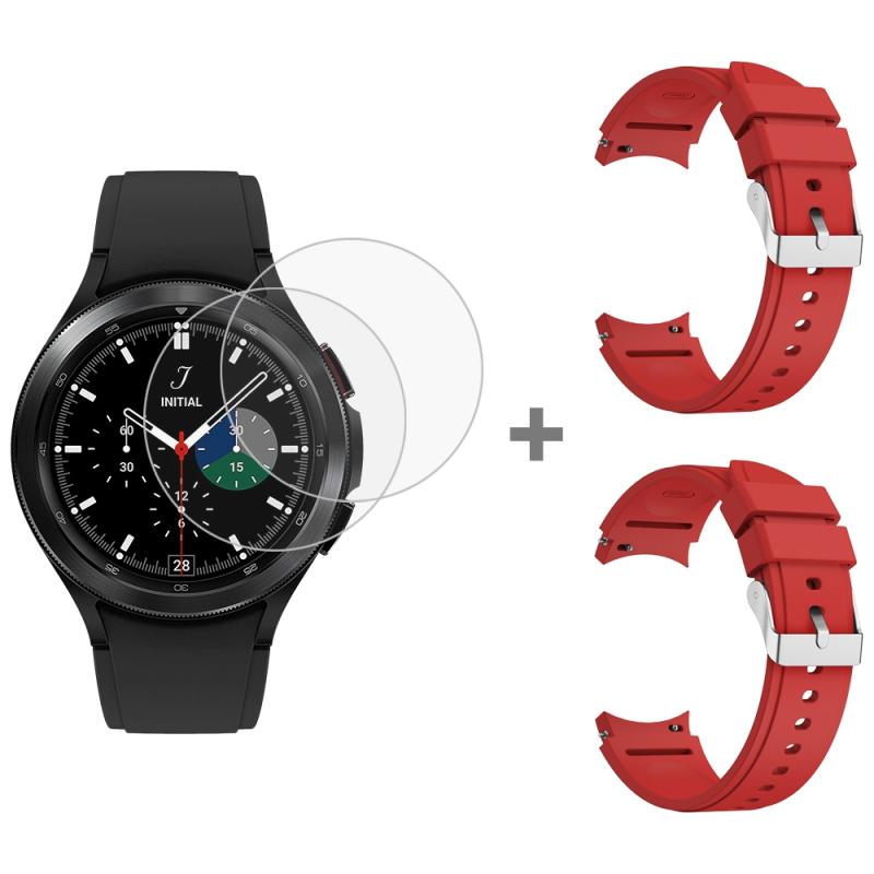 Voor Samsung Galaxy Watch4 Classic 46 mm 2 stks siliconen horlogeband met 2 stks gehard glasfilm