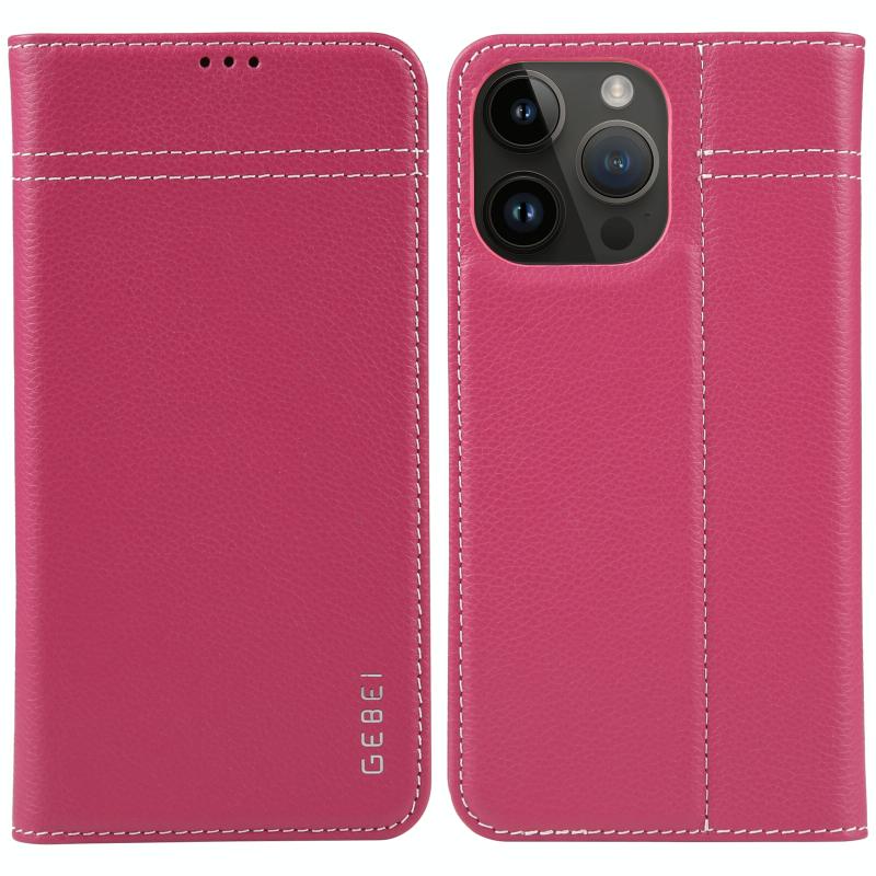 Voor iPhone 14 Pro Max GEBEI Top-grain horizontale flip lederen telefoonhoes (roze rood)