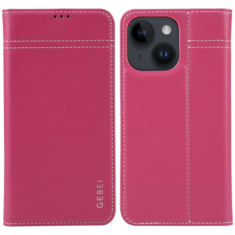 Voor iPhone 14 GEBEI Top-grain horizontale flip lederen telefoonhoes (roze rood)