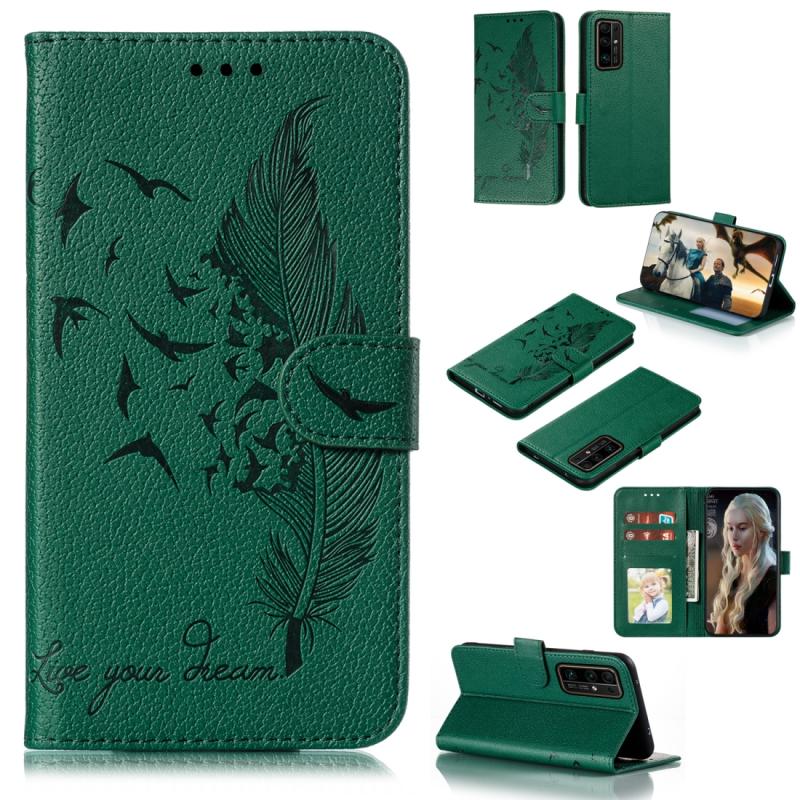 Voor Huawei Honor 30 Pro Litchi Texture Feather Embossing Pattern Horizontale Flip Lederen Case met Holder & Card Slots & Wallet & Photo Frame & Lanya