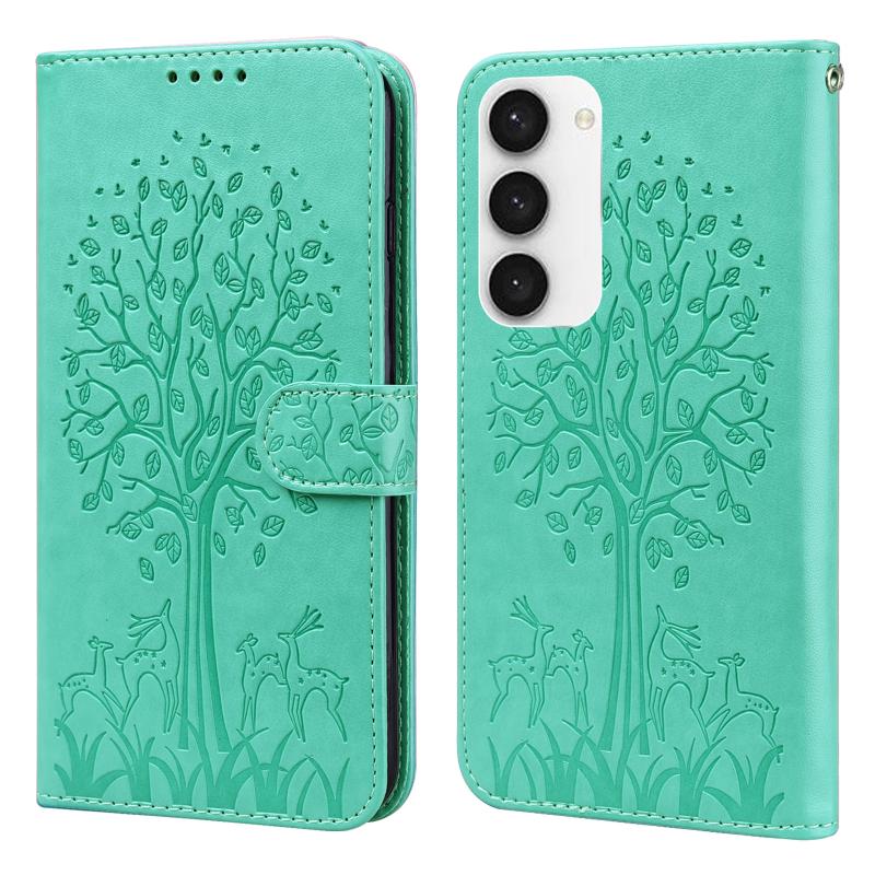 Voor Samsung Galaxy S23 5G Tree & Deer Pattern Pressed Printing Horizontal Flip Leather Phone Case(Groen)