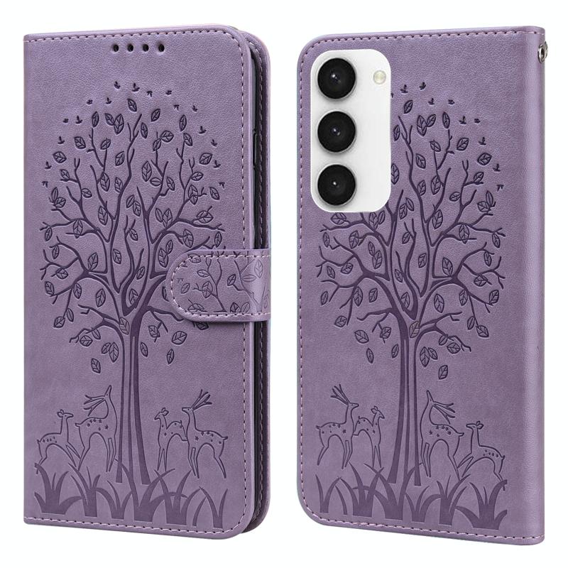 Voor Samsung Galaxy S23 5G Tree & Deer Pattern Pressed Printing Horizontal Flip Leather Phone Case