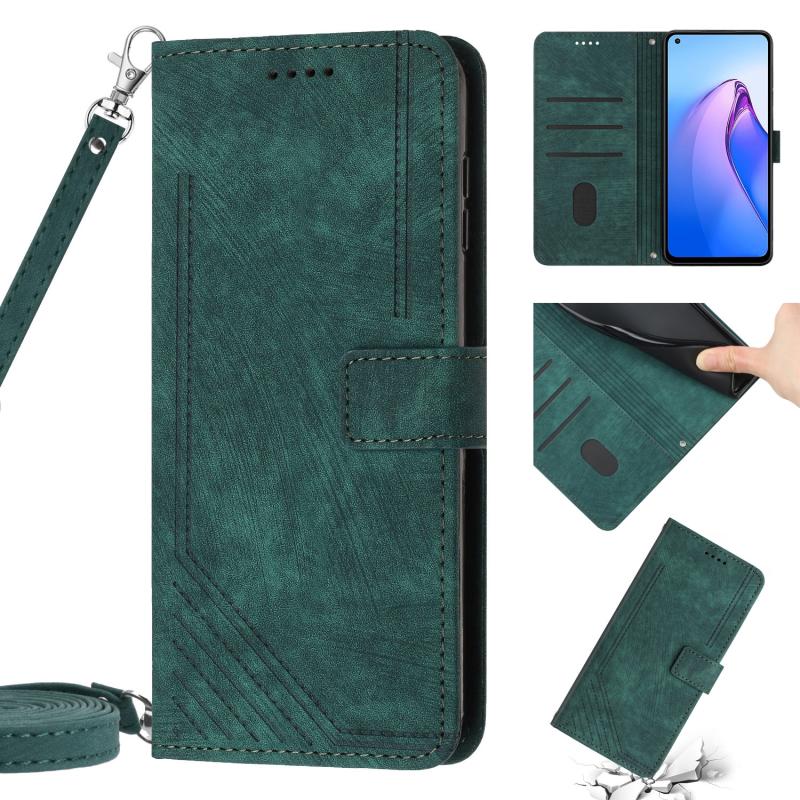 Voor OPPO Reno7 5G Global / Find X5 Lite Skin Feel Stripe Pattern Leather Phone Case met Lanyard(Groen)