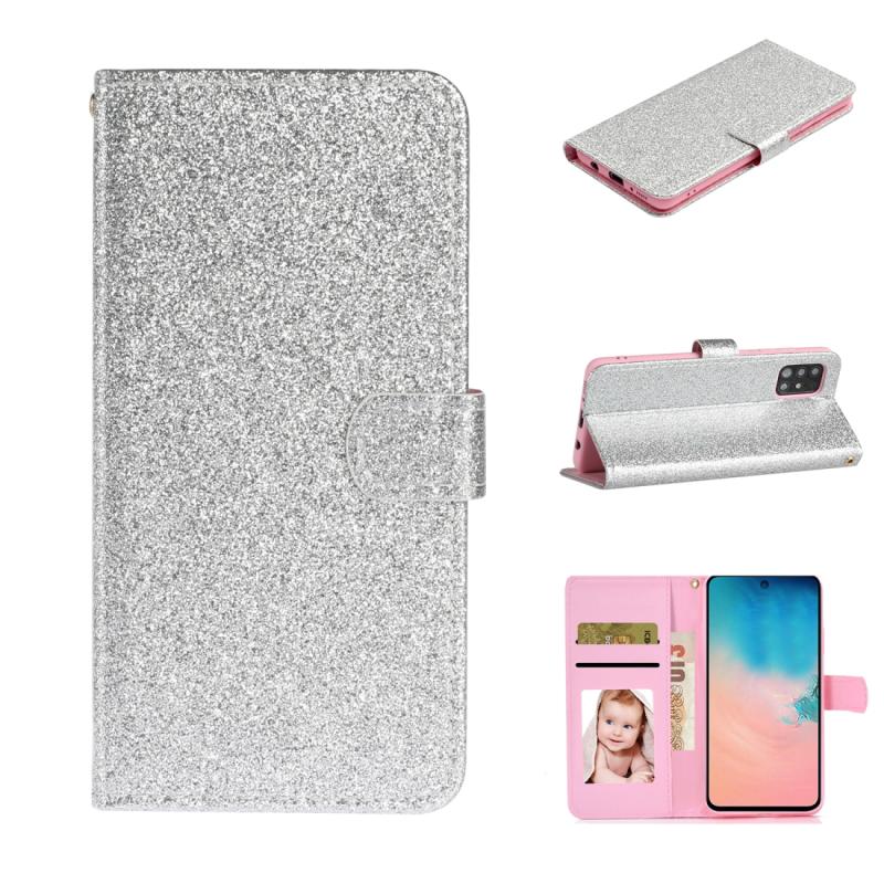 Voor Samsung Galaxy A51 Glitter Powder Horizontale Flip Lederen case met kaartslots & houder & fotolijst & portemonnee(zilver)