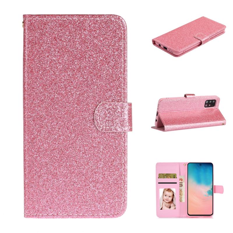 Voor Samsung Galaxy A71 Glitter Powder Horizontale Flip Lederen case met kaartslots & houder & fotolijst & portemonnee(roze)