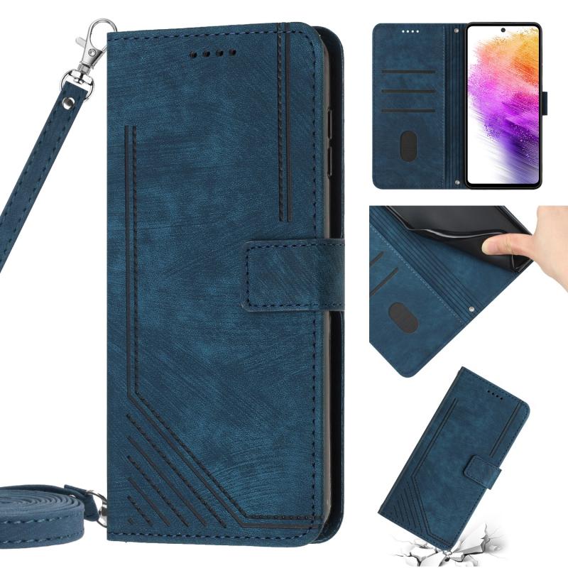 Voor Samsung Galaxy A51 4G / M40s huidgevoel streeppatroon lederen telefoonhoes met lanyard