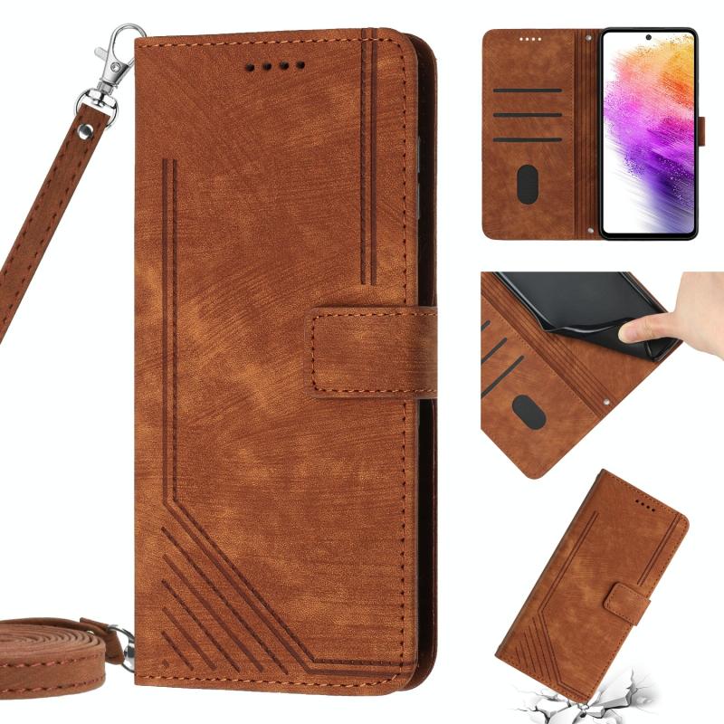 Voor Samsung Galaxy A51 5G / A51 5G UW Skin Feel Stripe Pattern Leather Phone Case met Lanyard