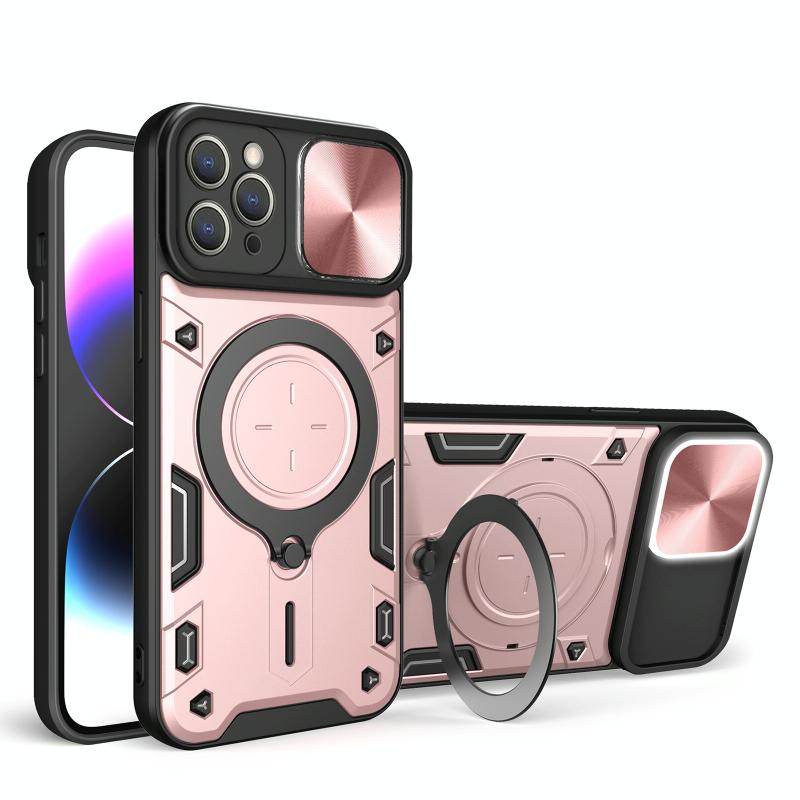 Voor iPhone 12 Pro CD Textuur Sliding Camshield Magnetische Houder Telefoon Case(Roze)