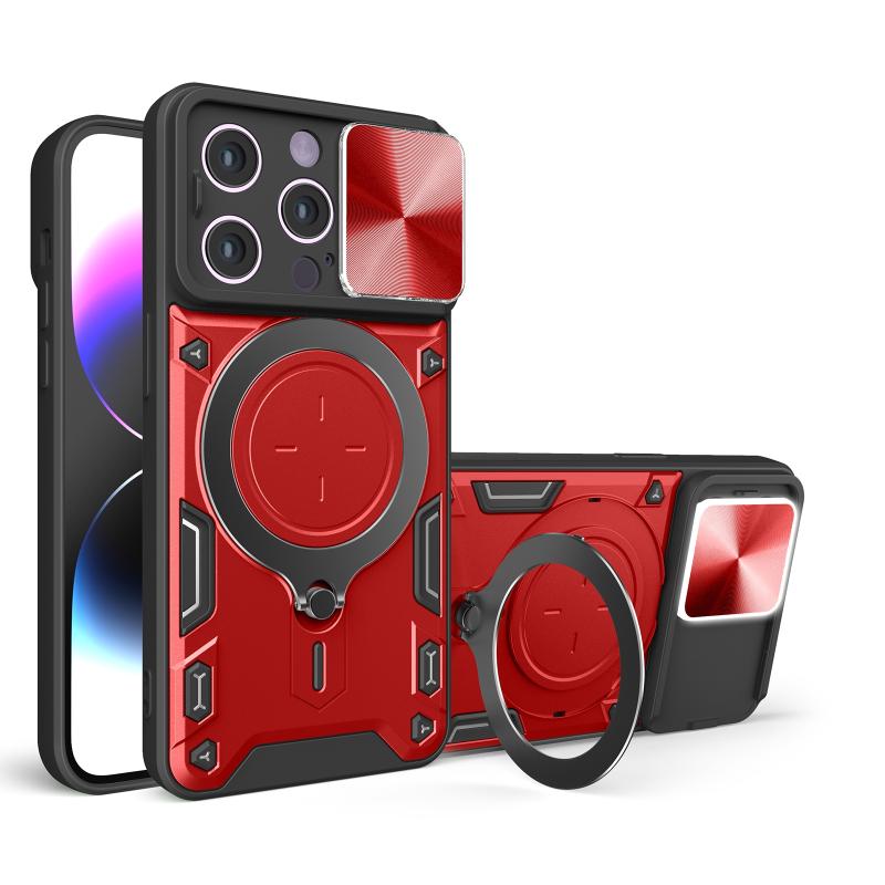 Voor iPhone 15 Pro Max CD Textuur Sliding Camshield Magnetische Houder Telefoon Case(Rood)