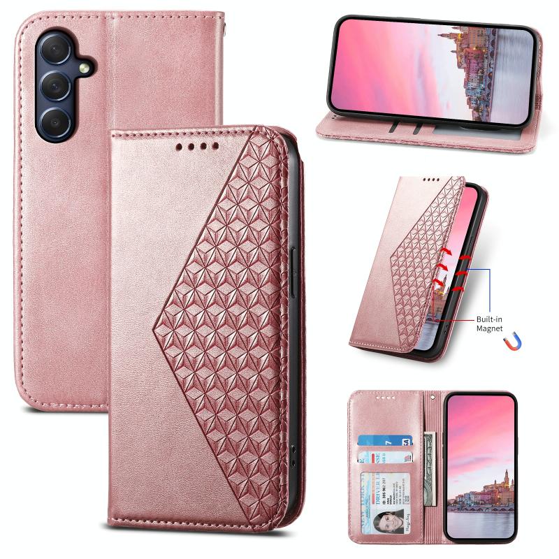 Voor Samsung Galaxy M54 5G Cubic Grid Calf Texture Magnetic Leather Phone Case(Rose Gold)