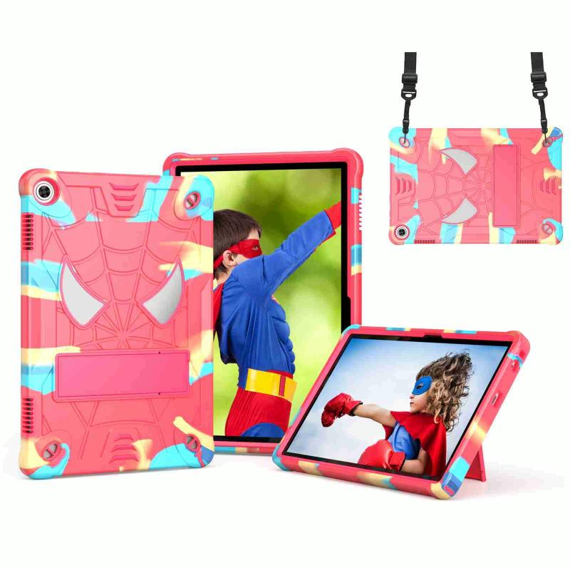 Voor Lenovo Tab M10 3rd Gen Spider Texture Silicone Hybrid PC Tablet Case met schouderriem (camouflage + rose rood)