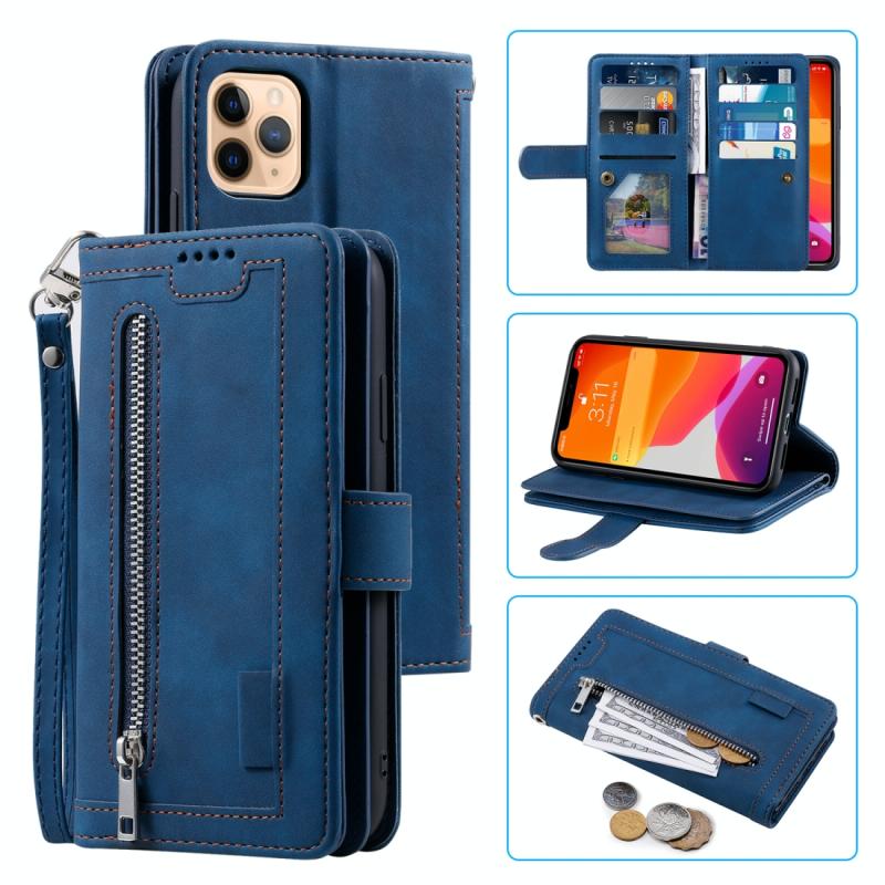 Voor iPhone 11 Pro Max Rits tas horizontale flip lederen tas met houder & kaartslots & fotoframe & portemonnee(blauw)