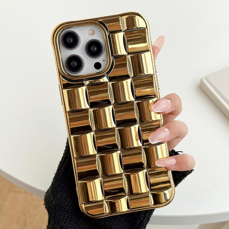 Voor iPhone 14 Pro 3D Cube Weave Textuur Galvaniseren Telefoonhoes (Goud)