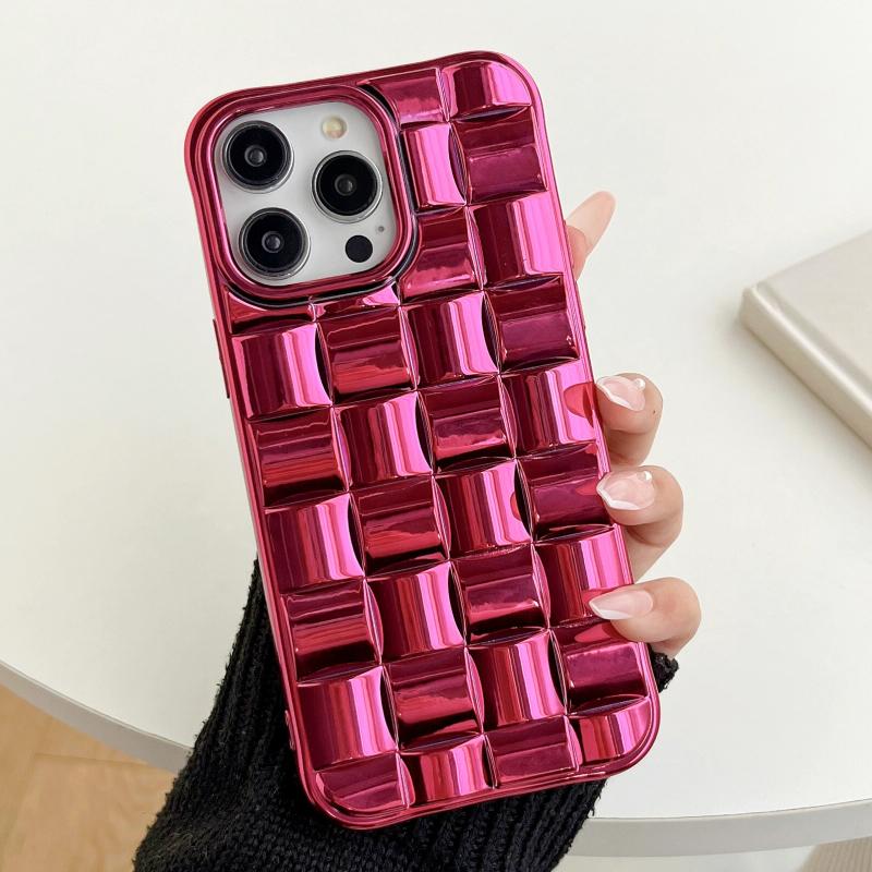 Voor iPhone 14 Pro 3D Cube Weave Texture Electroplating Phone Case(Rose Red)
