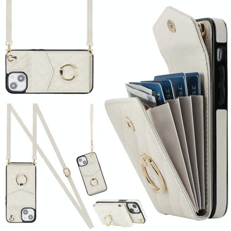 Voor iPhone 14 Plus Rhombic Texture Card Bag Telefoonhoesje met lang draagkoord