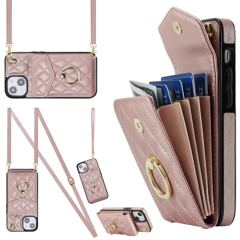 Voor iPhone 14 Plus Rhombic Texture Card Bag Telefoonhoesje met lang draagkoord (roségoud)