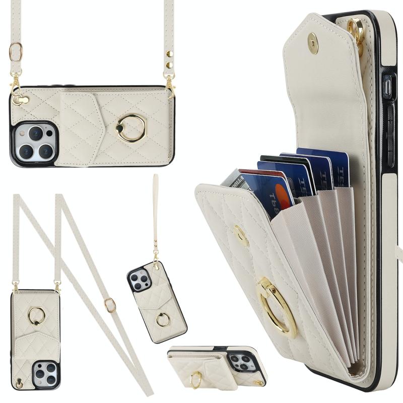 Voor iPhone 14 Pro Rhombic Texture Card Bag Telefoonhoesje met lang draagkoord