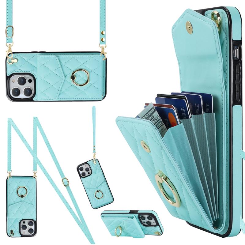 Voor iPhone 14 Pro Rhombic Texture Card Bag Telefoonhoesje met lang koord