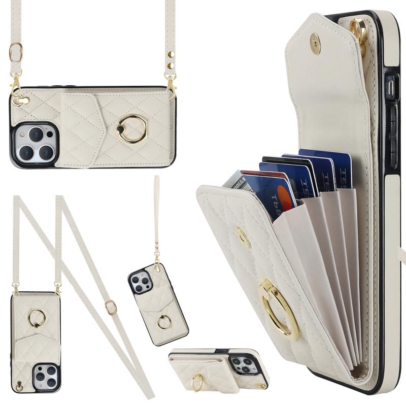 Voor iPhone 14 Pro Max Rhombic Texture Card Bag Telefoonhoesje met lang draagkoord