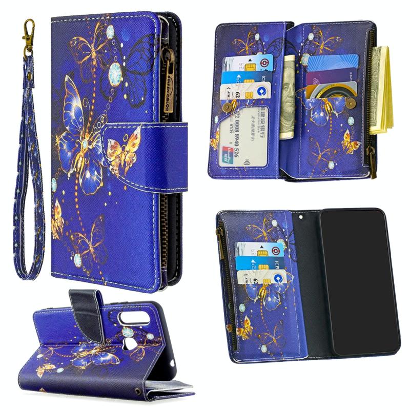 Voor Samsung Galaxy A70e Gekleurd tekenpatroon Rits Horizontale Flip Lederen case met Holder & Card Slots & Wallet(Purple Butterfly)
