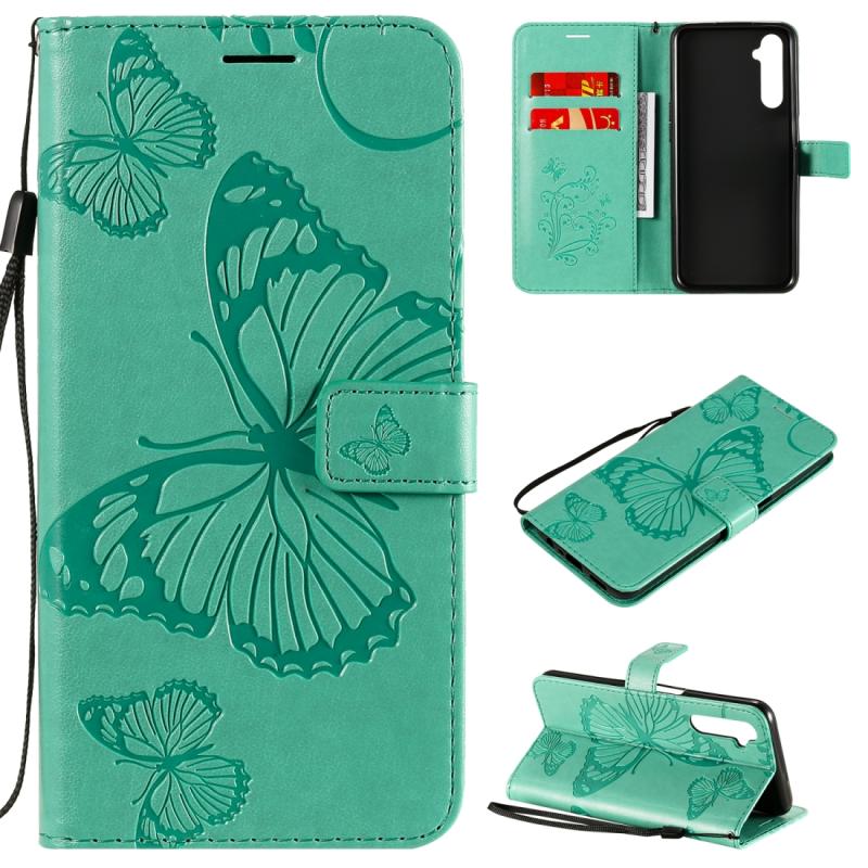 Voor OPPO Realme 6 3D Butterflies Embossing Pattern Horizontale Flip Leather Case met Holder & Card Slot & Wallet(Groen)