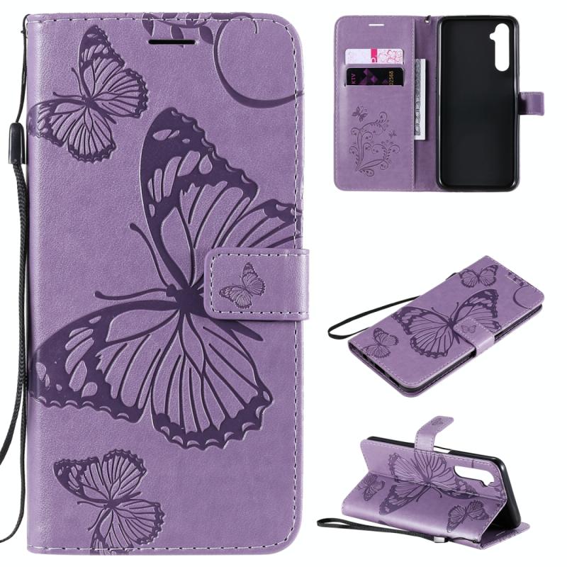 Voor OPPO Realme 6 3D Butterflies Embossing Pattern Horizontale Flip Leather Case met Holder & Card Slot & Wallet(Paars)