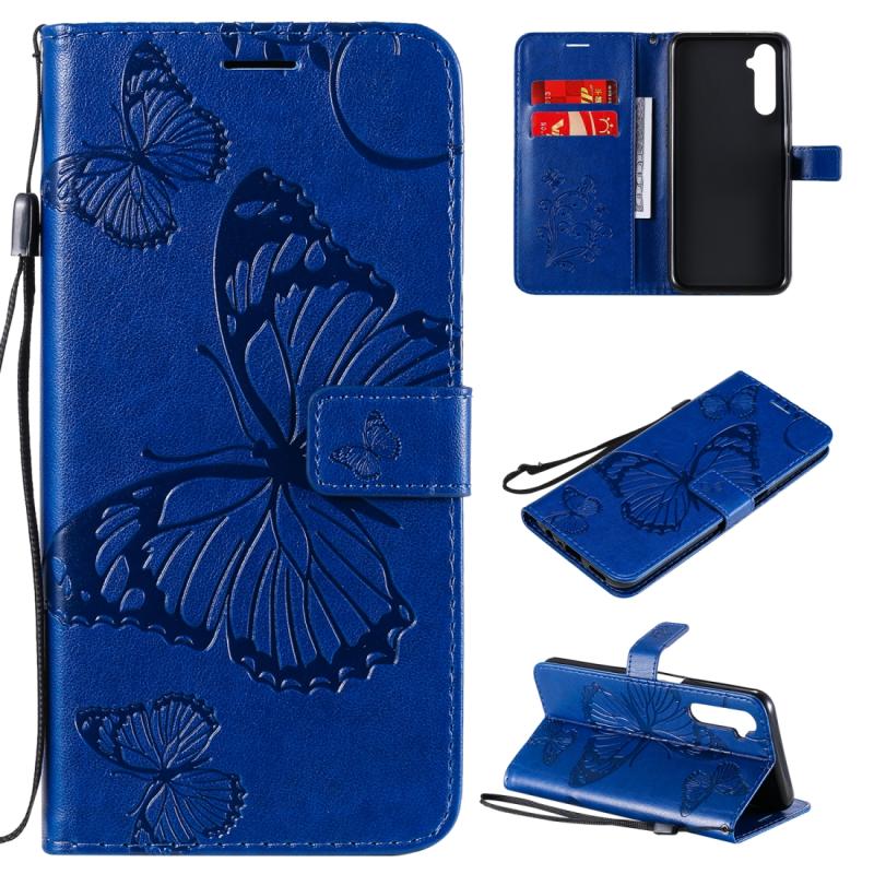 Voor OPPO Realme 6 3D Butterflies Embossing Pattern Horizontale Flip Leather Case met Holder & Card Slot & Wallet(Blauw)