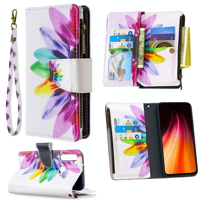 Voor Xiaomi Redmi Note 8T Gekleurd tekenpatroon Rits Horizontale Flip Lederen case met Holder & Card Slots & Wallet(Sun Flower)