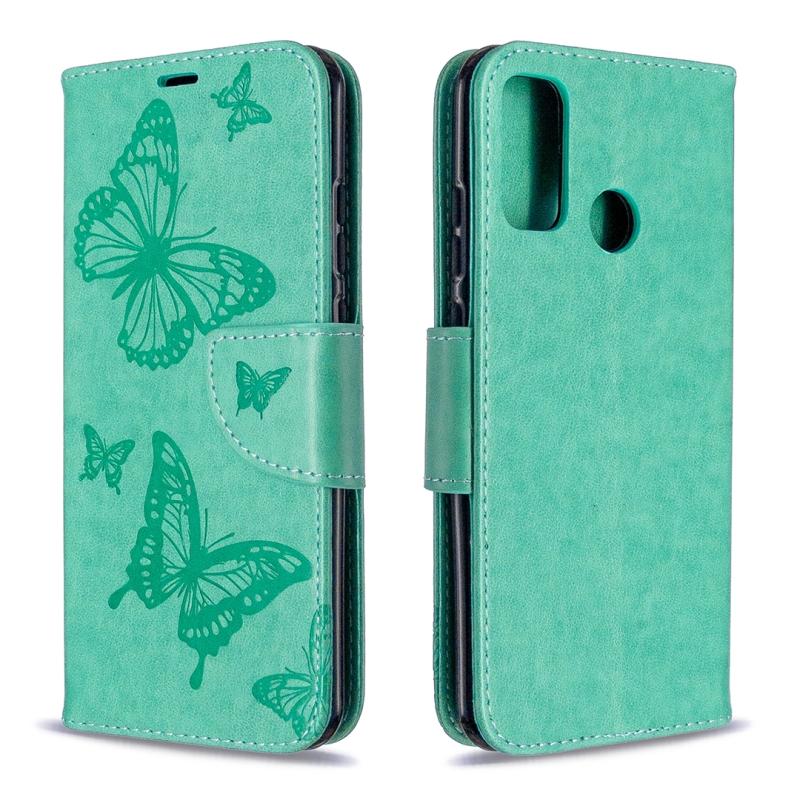 Voor Huawei P Smart (2020) Twee vlinders reliëf patroon horizontale flip lederen kast met Holder & Card Slot & Wallet & Lanyard(Groen)