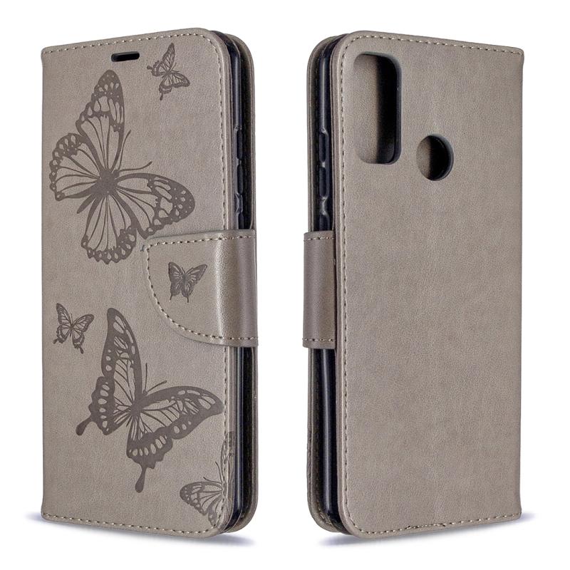 Voor Huawei P Smart (2020) Twee vlinders reliëf patroon horizontale flip lederen kast met Holder & Card Slot & Wallet & Lanyard(Grijs)