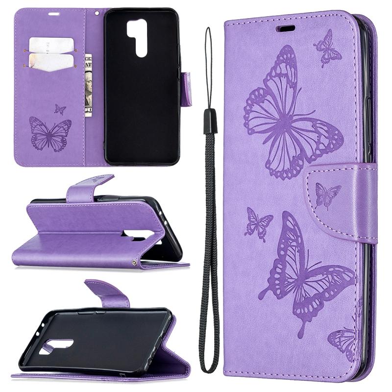 Voor Xiaomi Redmi 9 Two Butterflies Embossing Pattern Horizontal Flip Leather Case met Holder & Card Slot & Wallet & Lanyard(Paars)