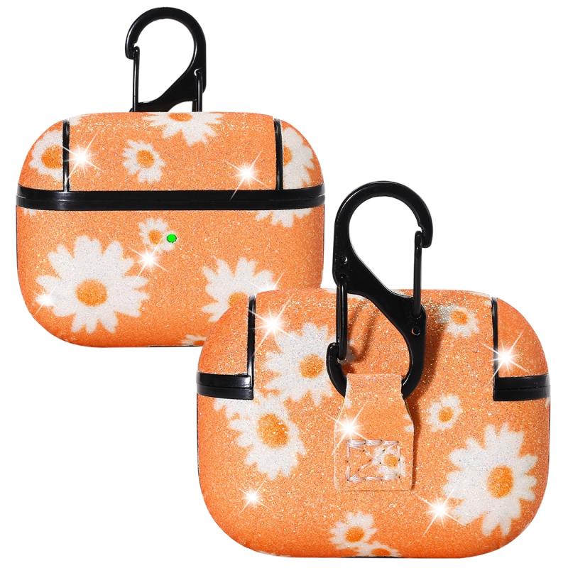 Voor AirPods Pro PC + PU Glitter Daisy Pattern Earphone Beschermhoes met Hook(Orange)