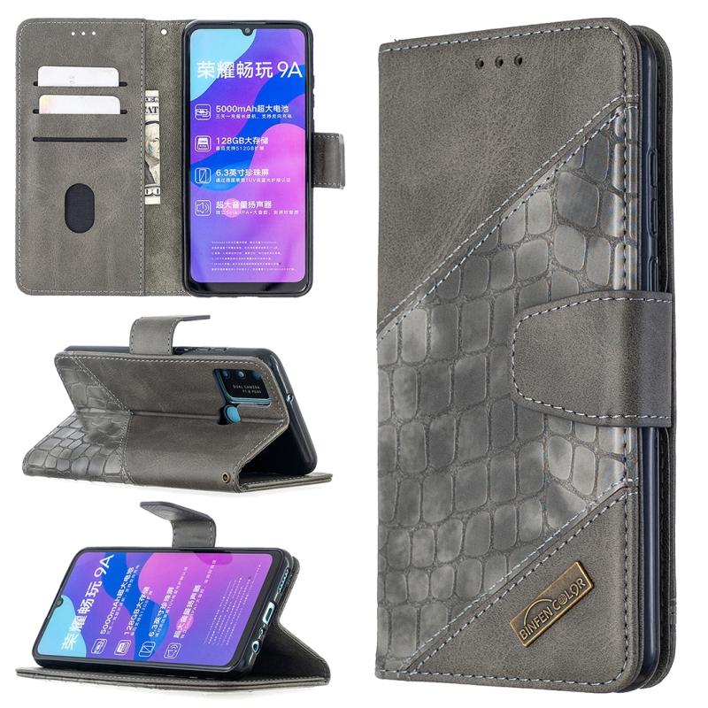 Voor Huawei Honor 9A Matching Color Crocodile Texture Horizontale Flip PU Lederen case met Holder & Card Slots & Wallet(Grey)