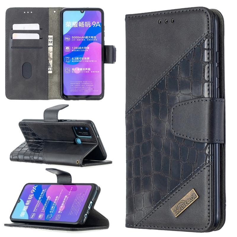 Voor Huawei Honor 9A Matching Color Crocodile Texture Horizontale Flip PU Lederen case met Holder & Card Slots & Wallet(Zwart)