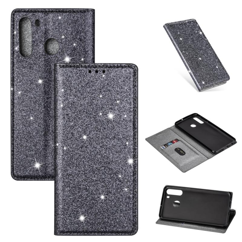 Voor Samsung Galaxy A21 Ultrathin Glitter Magnetic Horizontal Flip Leather Case met Holder & Card Slots(Grijs)