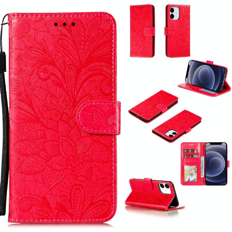 Voor iPhone 12 5.4 Kantbloem horizontale flip lederen hoes met houder & kaartslots & portemonnee & fotoframe(rood)