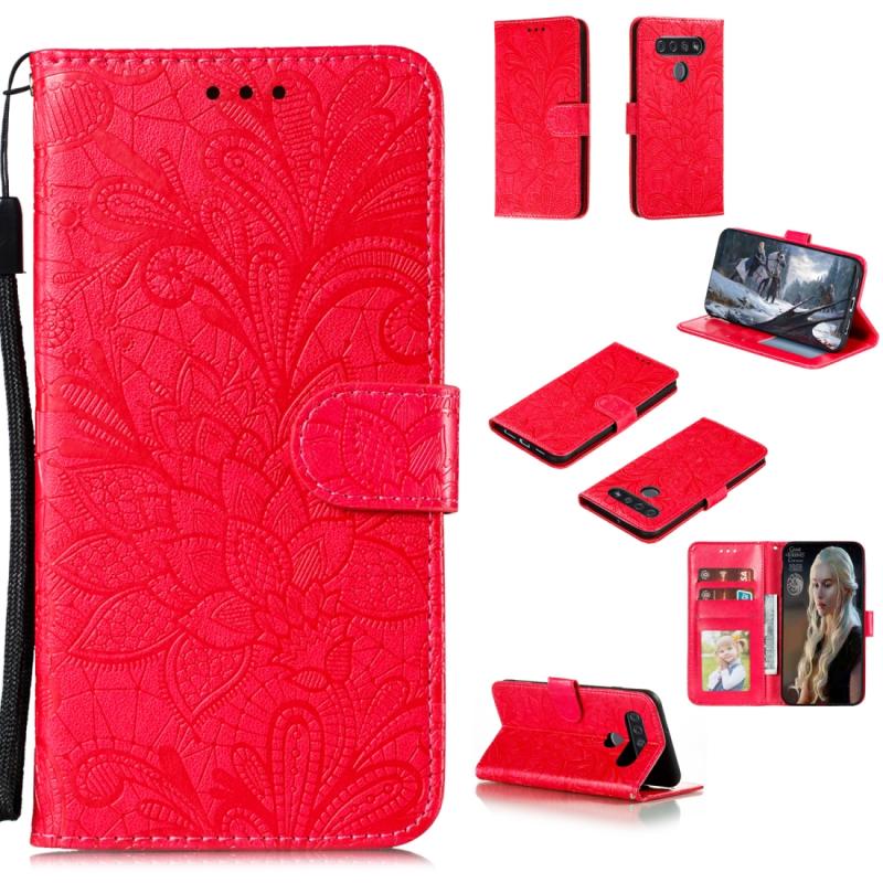 Voor LG K41S Lace Flower Horizontale Flip Lederen kast met Holder & Card Slots & Wallet & Photo Frame(Red)