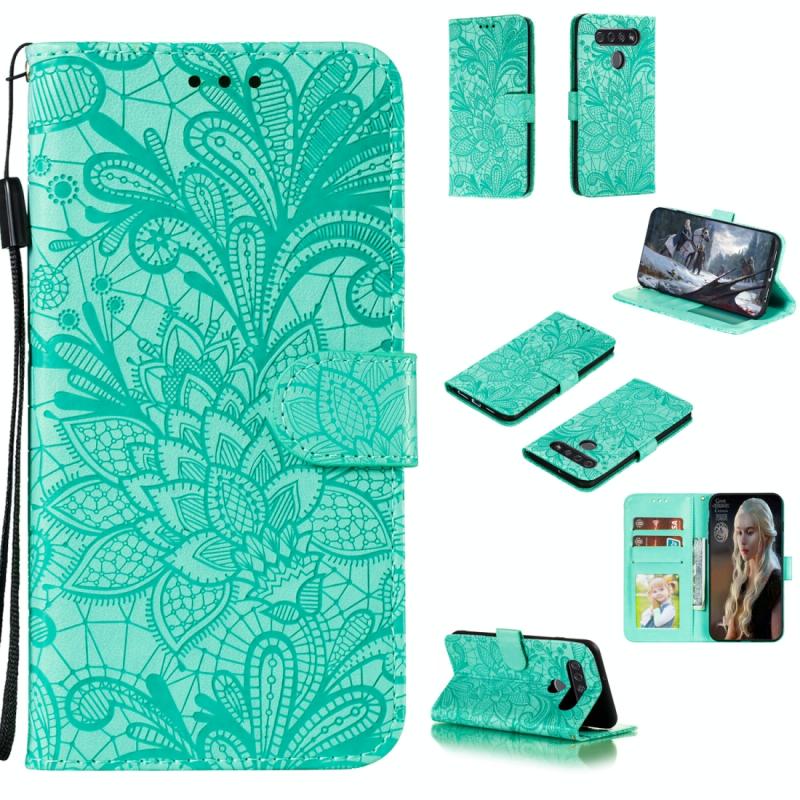 Voor LG K41S Lace Flower Horizontale Flip Lederen kast met Holder & Card Slots & Wallet & Photo Frame(Groen)