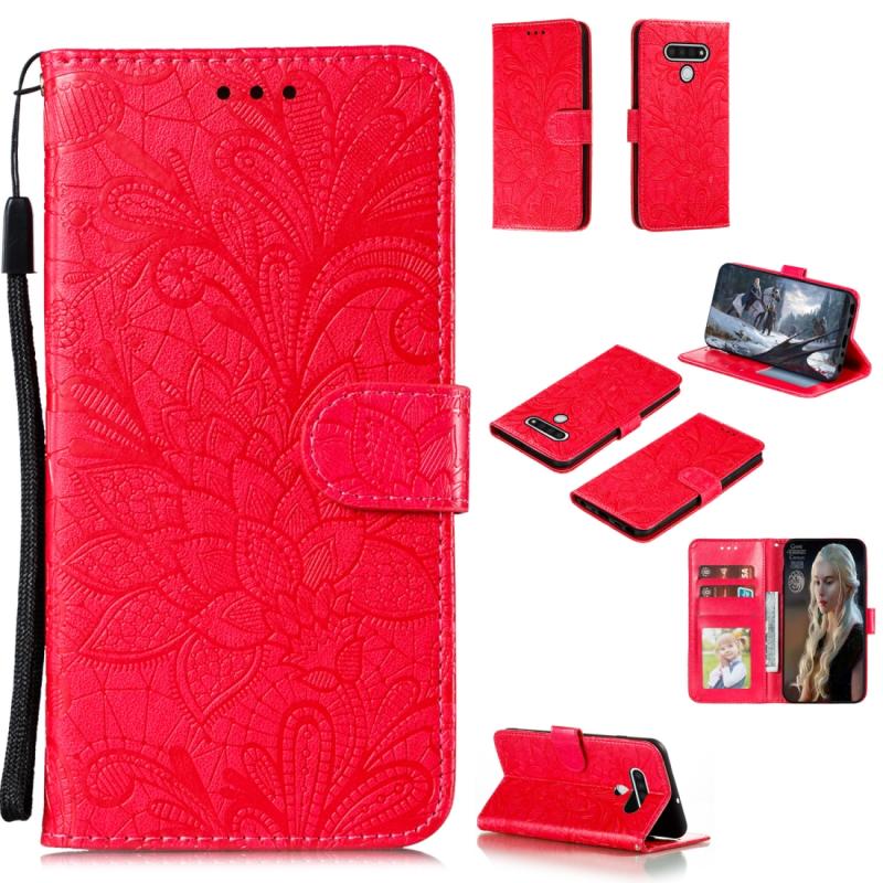 Voor LG Q Stylo 6 Lace Flower Horizontale Flip Lederen Case met Holder & Card Slots & Wallet & Photo Frame(Red)
