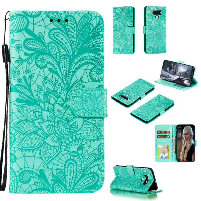Voor LG Q Stylo 6 Lace Flower Horizontale Flip Lederen Case met Holder & Card Slots & Wallet & Photo Frame(Groen)