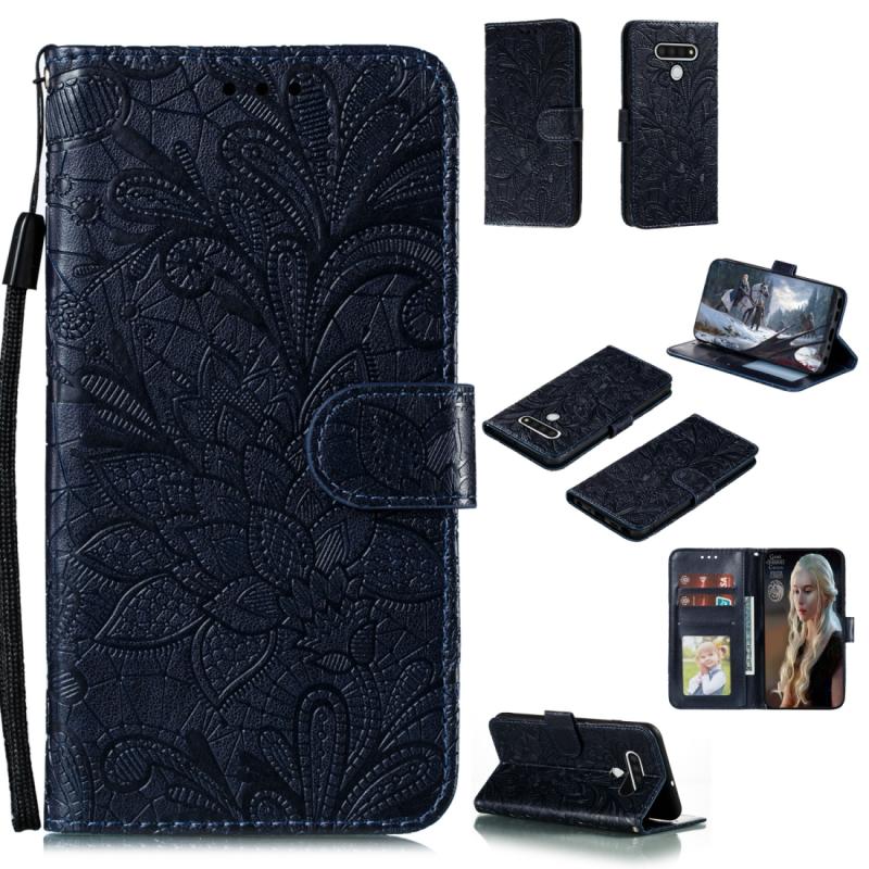 Voor LG Q Stylo 6 Lace Flower Horizontale Flip Lederen Kast met Holder & Card Slots & Wallet & Photo Frame(Donkerblauw)