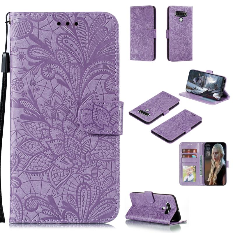 Voor LG Q Stylo 6 Lace Flower Horizontale Flip Lederen Case met Holder & Card Slots & Wallet & Photo Frame(Paars)