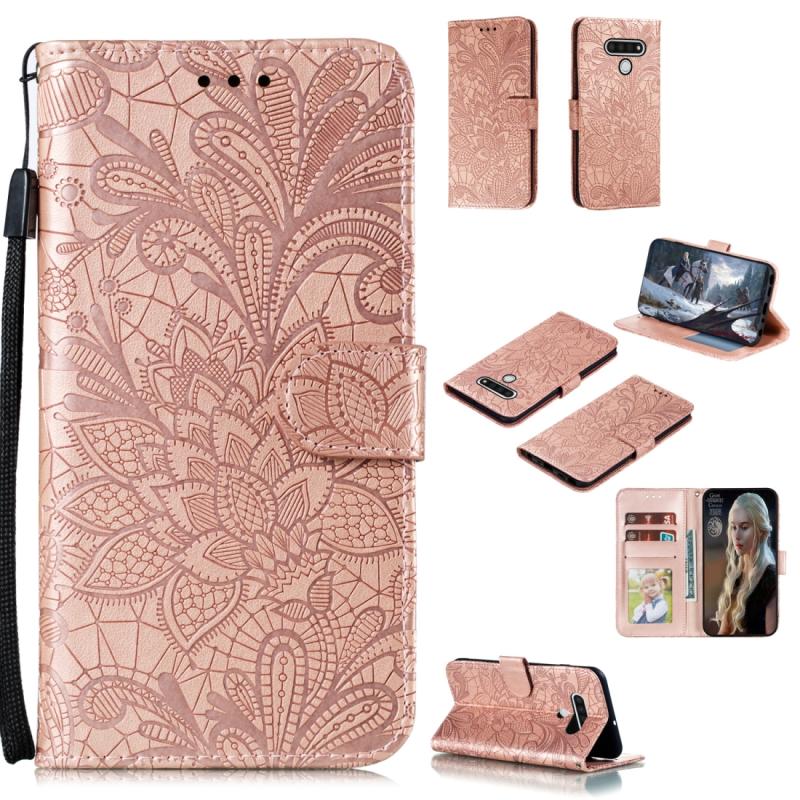 Voor LG Q Stylo 6 Lace Flower Horizontale Flip Lederen Kast met Holder & Card Slots & Wallet & Photo Frame(Rose Gold)